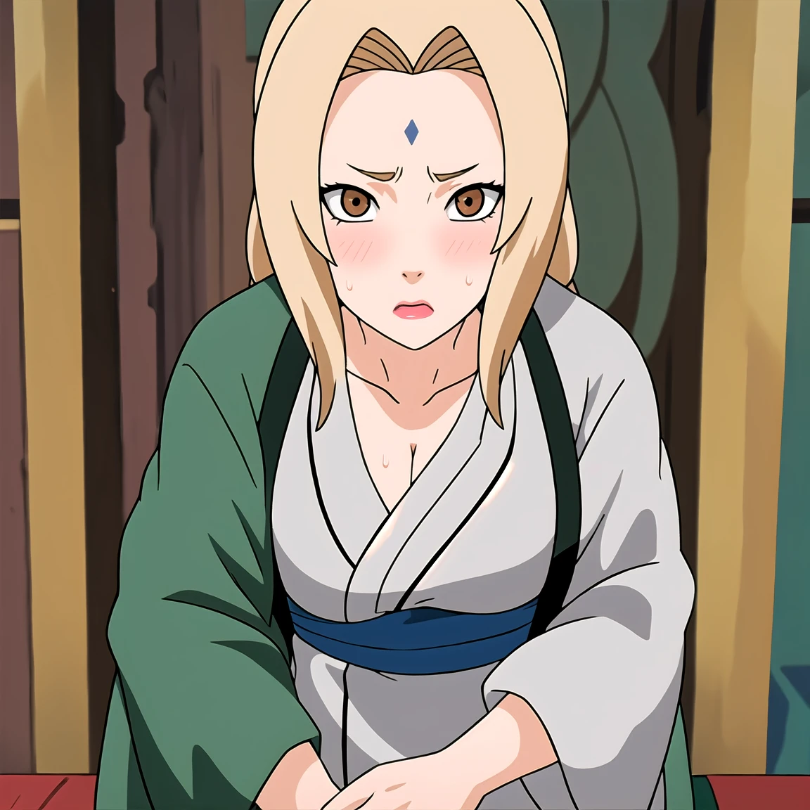 Tsunade , Brown eyes , Blonde Hair , Forehead Mark , (8K, RAW photos, best quality, masterpiece:1.2), (Intricate details), Perfect eyes, Perfect face, Perfect lighting, beautiful, (masterpiece:1.2), (best quality:1.2), 1 Girl, White shirt , Denim shorts , ,aldult,25 years old,(Vision(blush,nervous,Vision,classroom,bookshelf,Standing,))masterpiece, absurd , (Intricate details), (Colorful), light, Extremely detailed CG unity 8k wallpaper ,1 Girl, solo,(shy,classroom,night,blush,nervous,Sweating,蕾丝dress, ),sweat,blush,blush1.5,Blush,Medium chest,((dress,Black stockings,)),(dress,Standing,Uncomfortable expression,Mouth open,spit)
