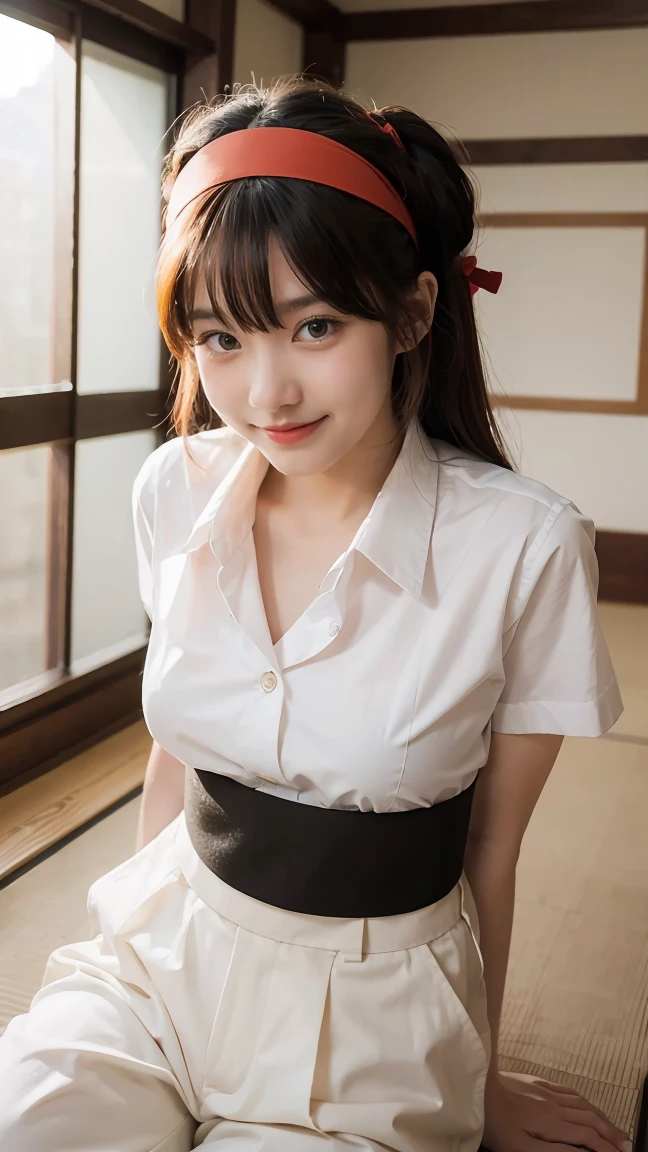 masterpiece, best quality,1girl, solo, nakorurums, red bow, bow, long hair, hair bow, ainu clothes, solo, hairband, black hair, fingerless gloves, short sleeves, gloves, sash, bangs, red hairband, breasts, brown eyes, white pants, japanese clothes, masterpiece, light smile, (illustration: 1.5), running toward viewer