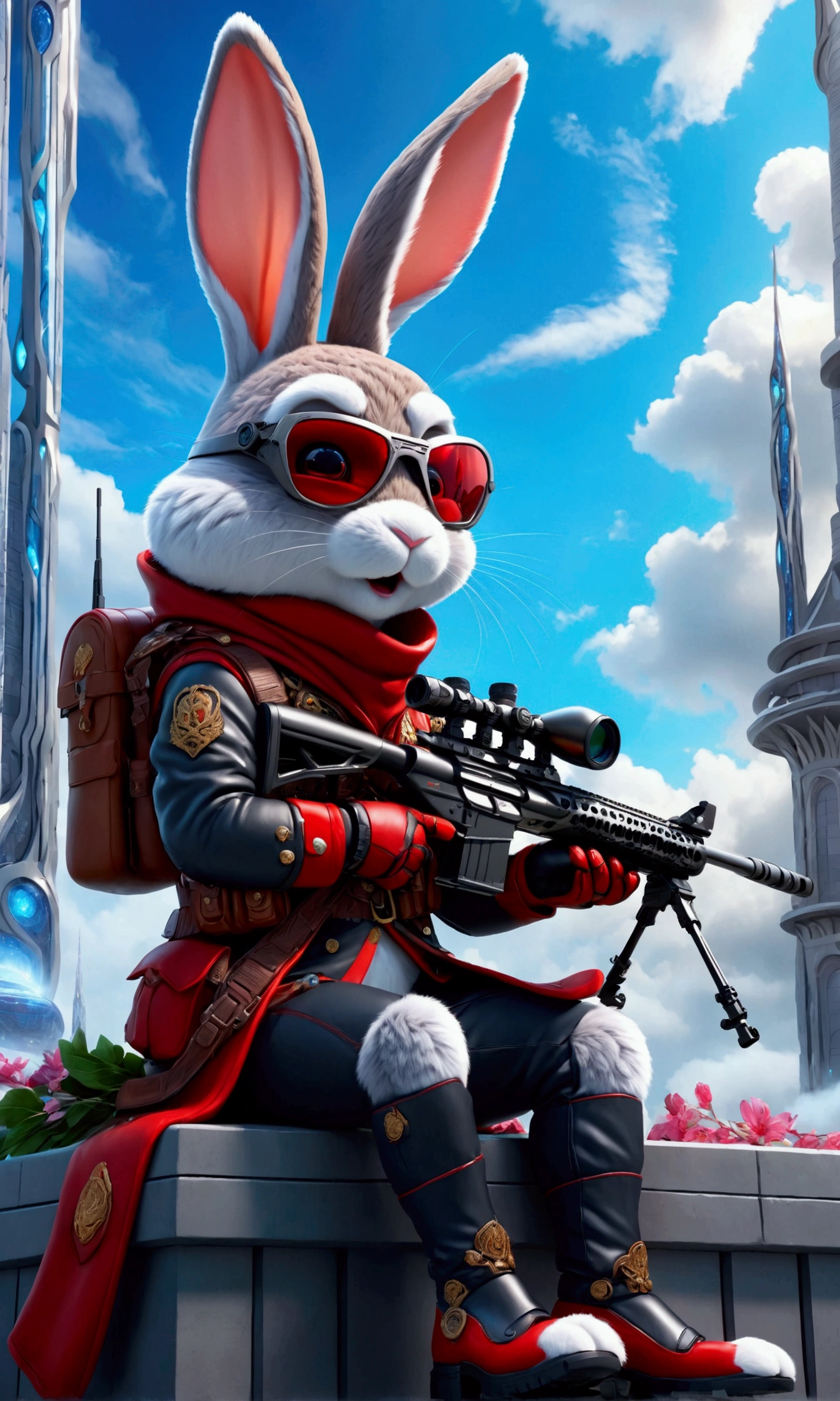 (Close-up of anthropomorphic bunny sitting on edge of roof and aiming with elite sniper rifle:1.3), (rifle has ornate golden handle:1.1), (stylish high-neck military jacket:1.1), white-pink clothes, (leather gloves, cool glasses:1.1), (pants with pockets:1.2), (background is futuristic crystal towers:1.1), (beautiful romantic cloudy twilight:1.2), (futuristic architecture with intricate otherworldly design:1.2), bright colors, masterpiece in maximum 16K resolution, best quality, ultra detailed, aesthetics, absurdes.
