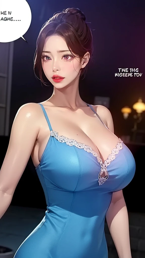 masterpiece:1.5, best quality:1.5, aesthetic, 1girl, sidelocks, cinematic lighting, sharp focus,large breasts , mature female, horny ,16k, glowing eyes, detailed 4k eyes,
playground,seduction,sexy lips, parted lips,detailed lips,
red lips, high detailed background,((big purple eyes)), detailed face,(shiny skin:1.3),
auntjunev2,AuntJune, bangs, messy hair, hair bun,
dress, blue dress, sleeveless dress, collarbone,nightgown,