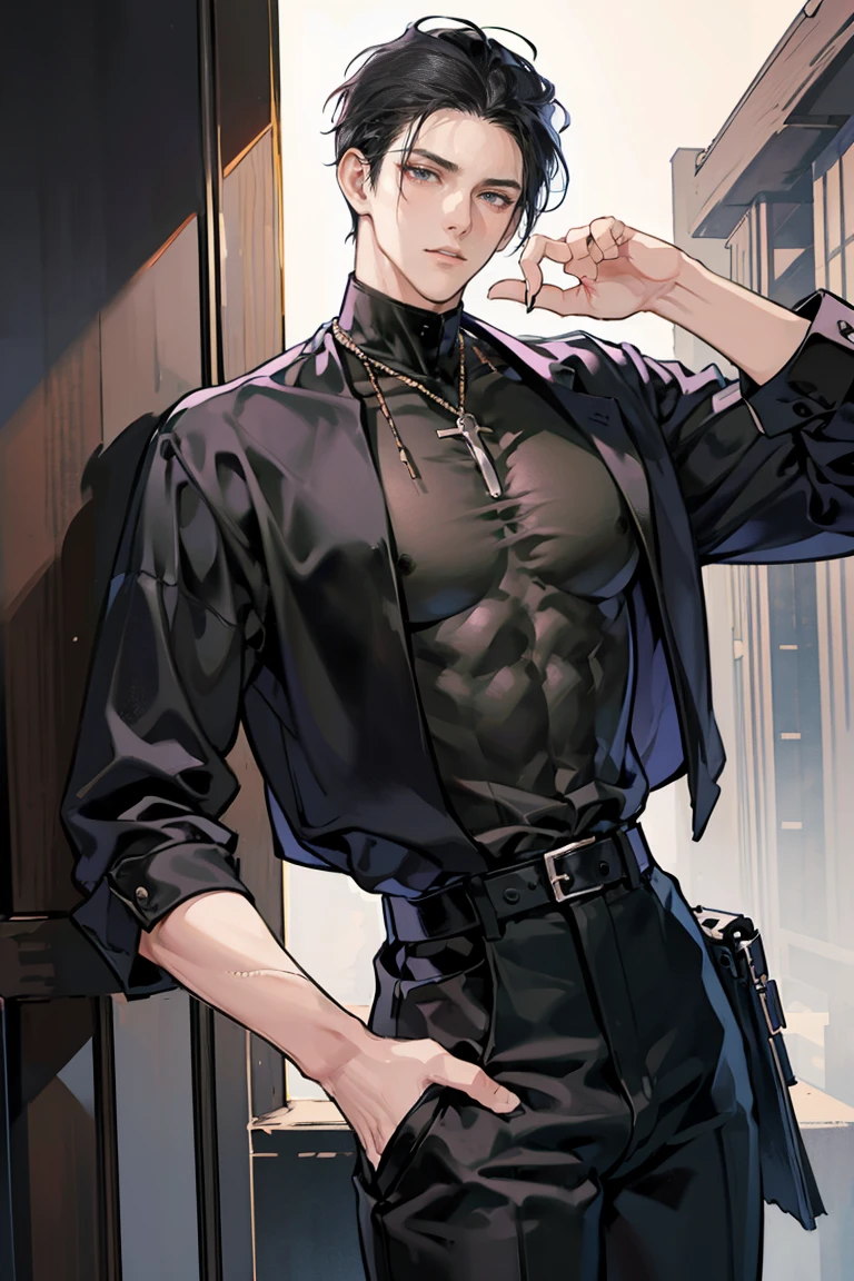 anime - (masterpiece), best quality, seductive eyes, mature face, black eyes, mid length slicked back black haircut, plain black t shirt, black pants, tall man, long legs, masculine, massive body, adult-like, full body, bad boy, there's a tall big breast long black haired woman in the background