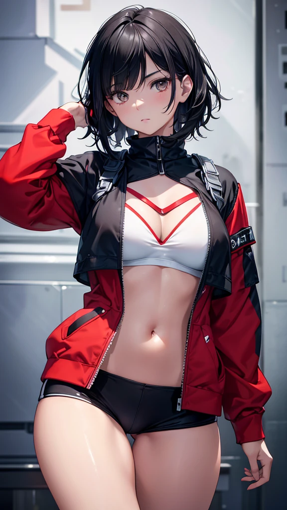 serious age girl with short messy black hair, white eyes, a scar on one eye, tanned skin, dressed in stylish red and black clothes, attractive body, dark and cold expression, detailed portrait, 8k, photographic (best quality) . ,4k,8k,high resolution,masterpiece:1.2),ultra detailed,(realistic,photorealistic,photorealistic:1.37),vivid colors,sharp focus,physically based rendering,extreme details,professional