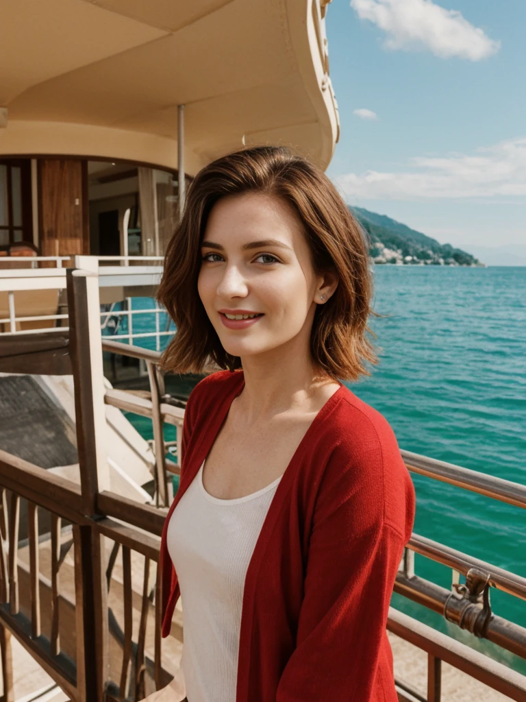 Emily Richardson, 1girl, solo, (((consistent face and image))), ((20 years old)), realistic, photorealistic, (red cranky hair), short hair, (((Caucasian mature woman))), (Swiss woman), (Swiss nose), (Swiss thick lips), posing outside the French Riviera: Stunning coastal views, yachts, and beaches, smirking, POSE:standing, wearing In style in trend Generation-Z modern wear different colored,
