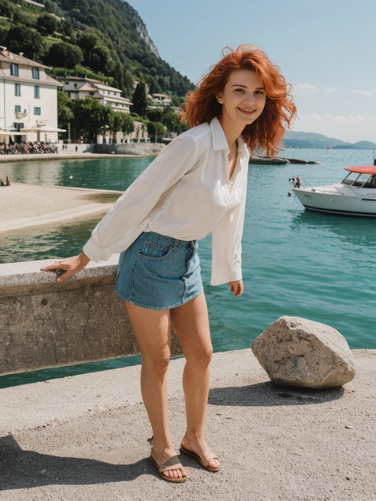 Emily Richardson, 1girl, solo, (((consistent face and image))), ((20 years old)), realistic, photorealistic, (red cranky hair), short hair, (((Caucasian mature woman))), (Swiss woman), (Swiss nose), (Swiss thick lips), posing outside the French Riviera: Stunning coastal views, yachts, and beaches, smirking, POSE:standing, wearing In style in trend Generation-Z modern wear different colored,