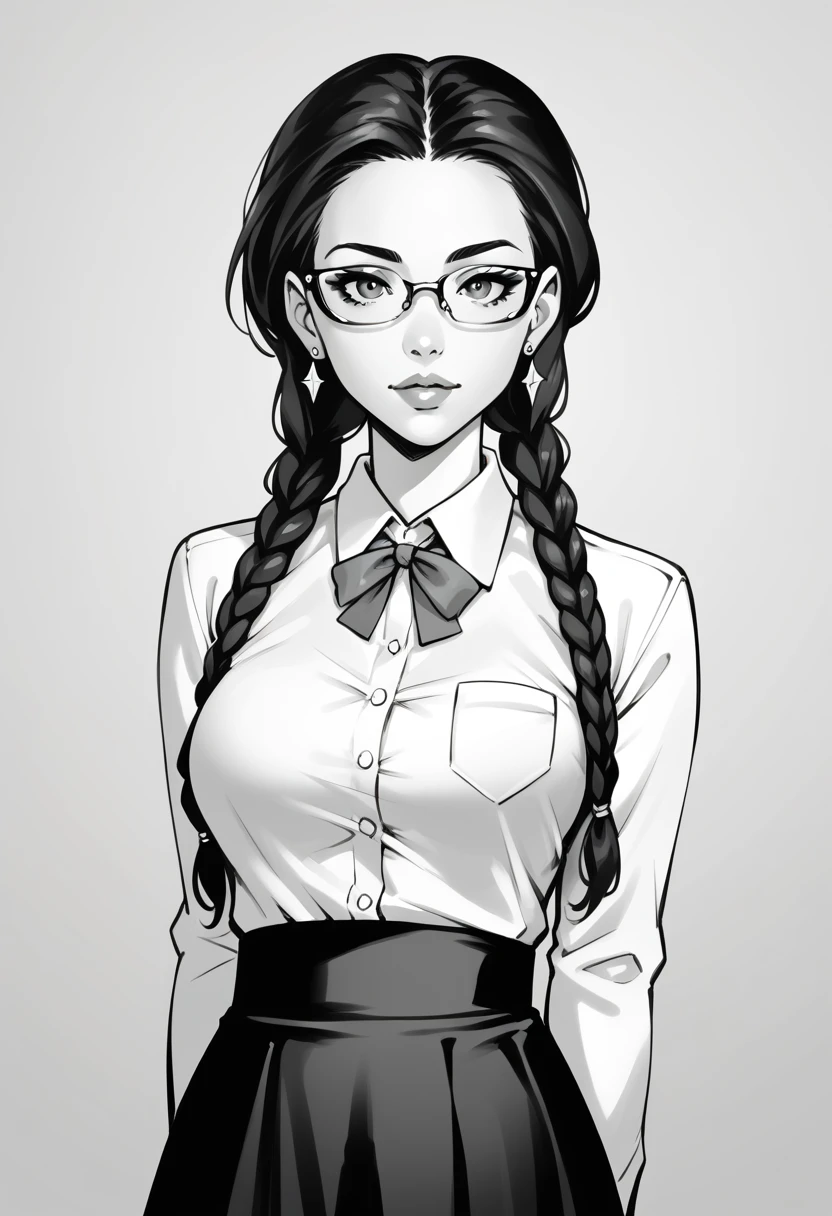 score_9, score_8_up, score_7_up, 1girl, sp1t, abundant detailed hatching shading, monochrome,best quality, high resolution, clean background, high contrast, 1 girl, monochrome, hyper detailed hatching shading, 1girl,solo,arms at sides,looking at viewer, standing,dark hair, braids,earrings,,glasses, collared shirt,long sleeves,black skirt, simple background, upper body,