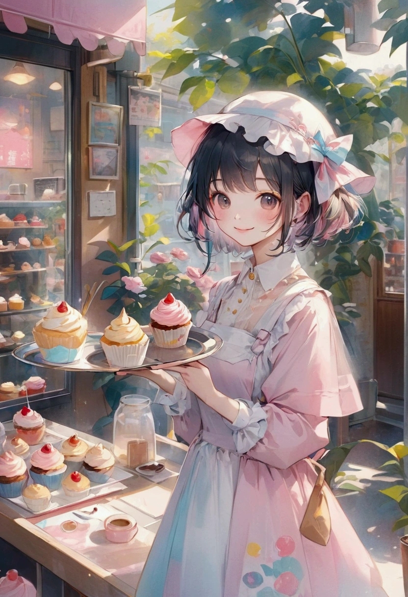anime smiling girl in a pink dress holding a tray of cupcakes, lofi girl, guweiz, guweiz on pixiv artstation, artwork in the style of guweiz, anime visual of a cute girl, mysterious coffee shop girl, anime aesthetic, guweiz on artstation pixiv, lofi portrait, lofi girl aesthetic