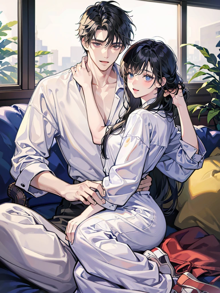 college student couple、Lovers、black hair girl、cute、droopy eyes、hug、tall man、Handsome guy、detailed face、バックhug、pajamas、white clothes、A woman sits on a man&#39;s lap、smile