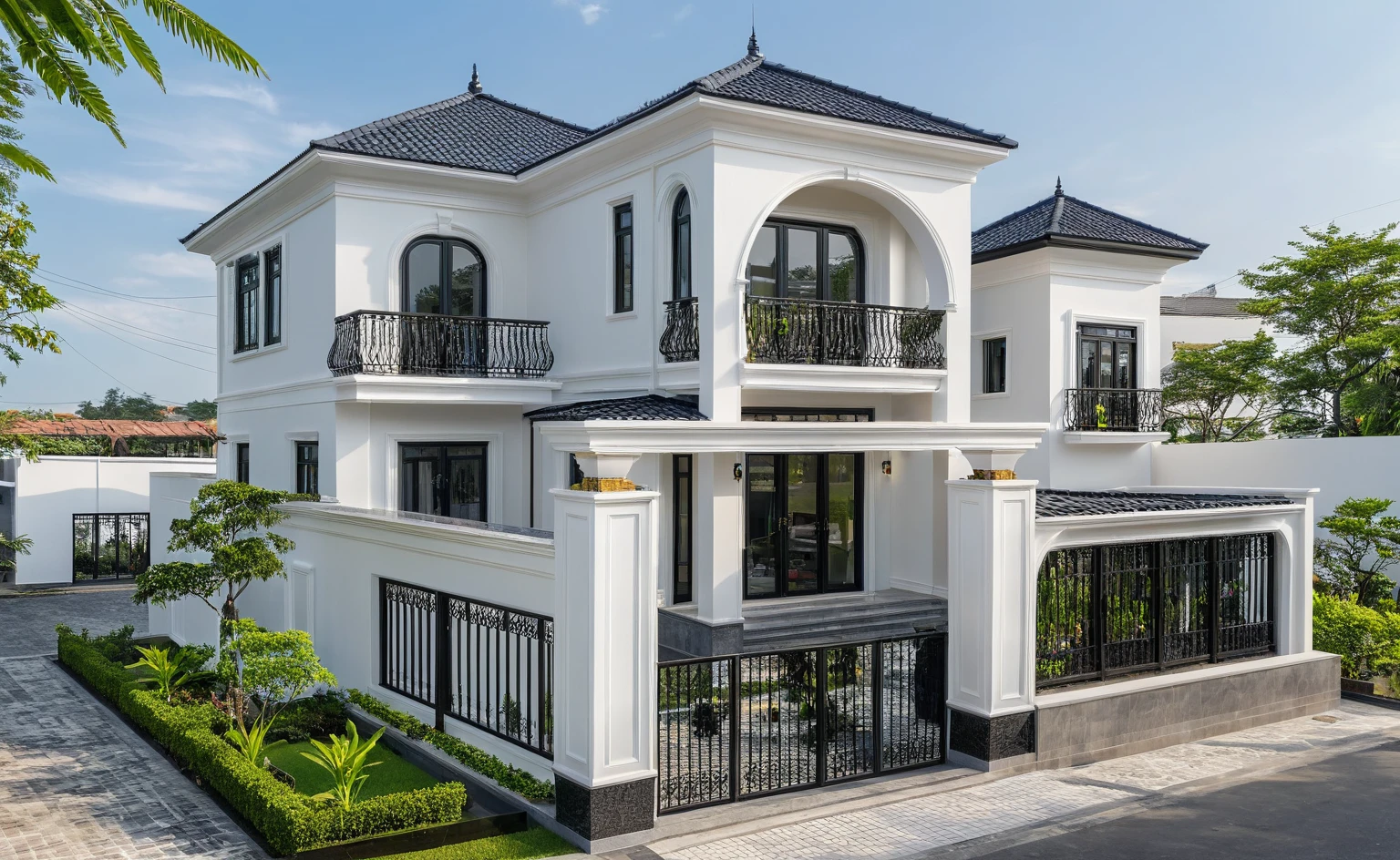 (masterpiece:1.2), best quality, photo of A two-story modern house in VietNam with white walls and dark tiles on the roof., tree and plant environment,daylight, streetcapes, natural light, vivid color, The exterior of an elegant single family home features large windows, a dark gray door frame.