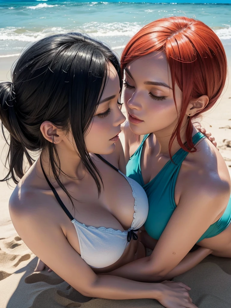Draw Nami and Nico Robin kissing on the beach