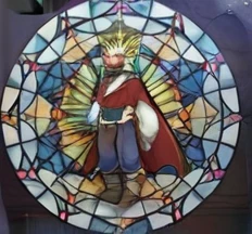 There is a king wearing a crown and he has glowing yellow eyes and he is also wearing a cape and he is wearing a white shirt and blue pants and brown boots  and blue gloves.