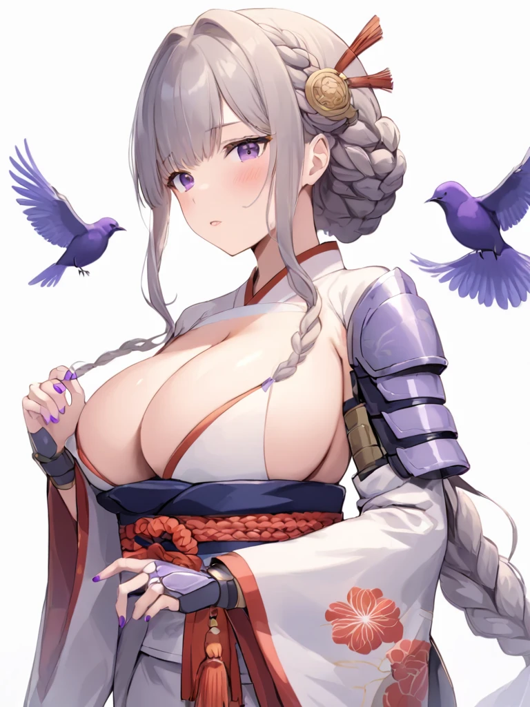 1girl, raiden_shogun, breasts, japanese_clothes, bird, white_background, simple_background, kimono, sash, cleavage, obi, wide_sleeves, solo, mole, hair_ornament, bird_on_hand, obiage, braid, obijime, long_sleeves, armor, ribbon, large_breasts, tassel, bridal_gauntlets, blush, purple_nails, shoulder_armor