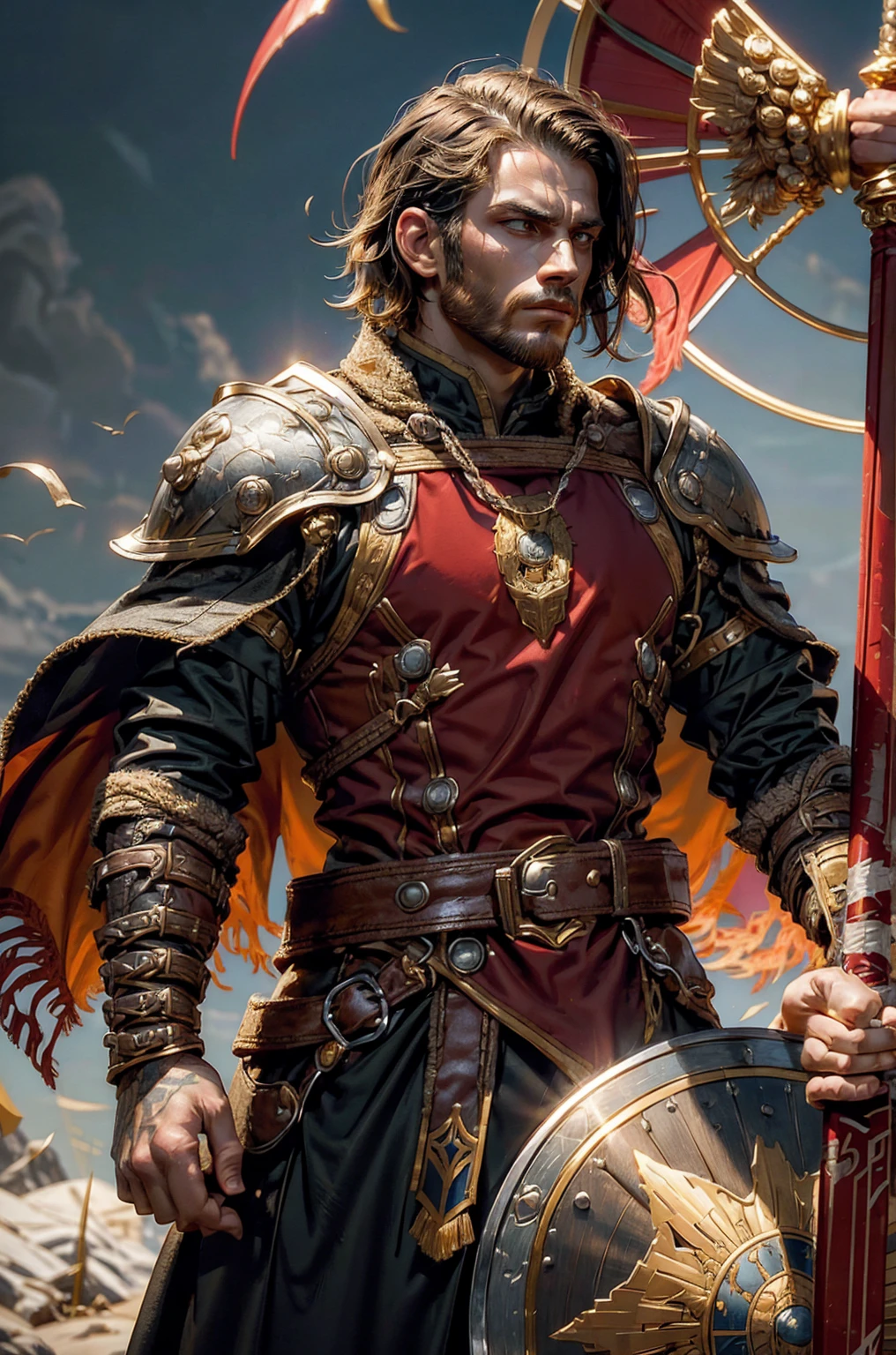 Holding a trangular kite shield with a painted emblem of a sword with a golden sunburns on the shield a Man with a Short military buzz cut hair. A man with Dark-hair, muscular, with a fierce severe serious expression on his face, a five-o-clock shadow of a beard on his face. He's a soldier in red gold and silver armor with a kite shield with an emblem of a sword with a sunburst behind it on a red background. With a golden lion pauldron on one shoulder
