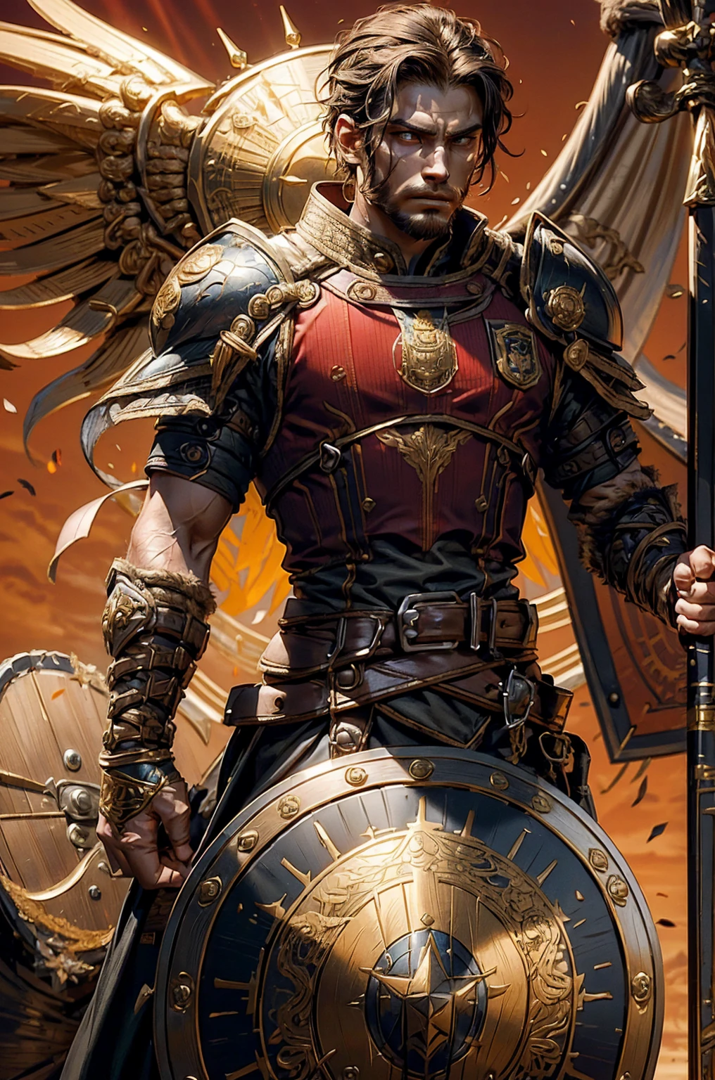 Holding a trangular kite shield with a painted emblem of a sword with a golden sunburns on the shield a Man with a Short military buzz cut hair. A man with Dark-hair, muscular, with a fierce severe serious expression on his face, a five-o-clock shadow of a beard on his face. He's a soldier in red gold and silver armor with a kite shield with an emblem of a sword with a sunburst behind it on a red background. With a golden lion pauldron on one shoulder