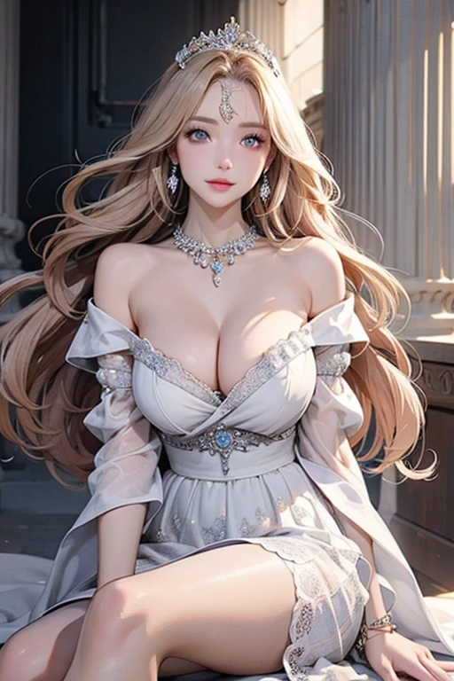 (Highest quality,High resolution,masterpiece,8k),Bright and vibrant colors,Official artwork,Standing posture,(above the knee shot),Stylish makeup,Silver blonde medium-long hair fluttering in the wind、tiara,necklace,Captivating eyes,Glossy Lips,Off the shoulder、White lace dress,Cute girl with ample breasts,Beautiful neckline, Holding,Captivating smile,Solemn atmosphere,Greek Mythology,An ancient and majestic temple、Digital Art,Detailed CG,