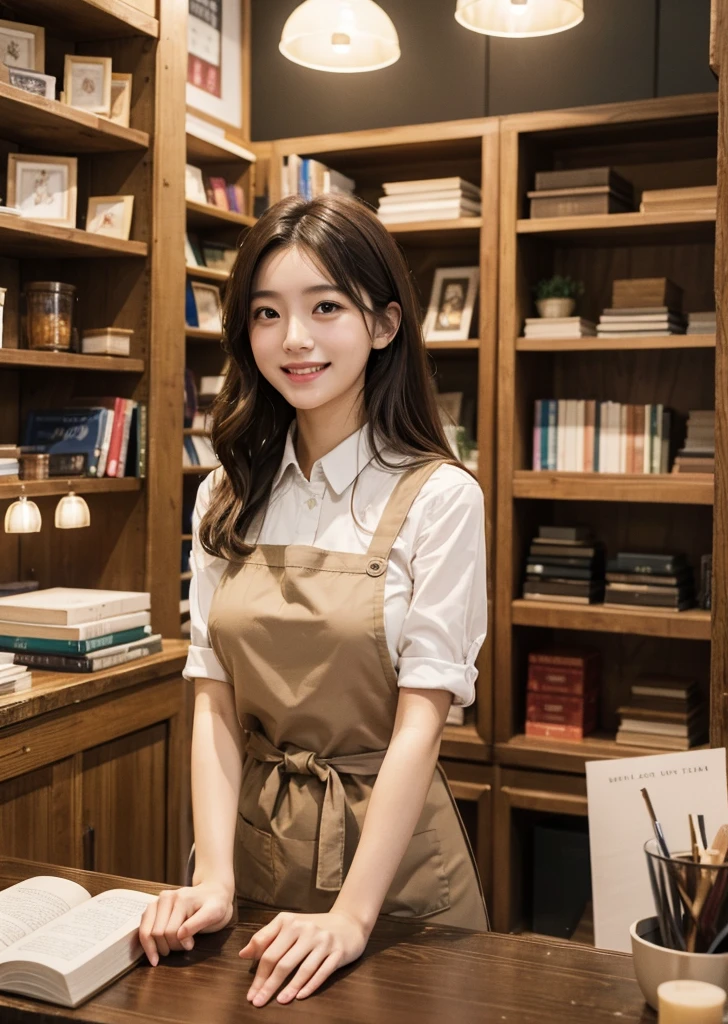 Diffuse lighting、 Highest quality, High resolution, unity 8k wallpaper、Supersaturation, Japanese、1 female、23 years old、Highest quality、8k、超High resolution、Clear photos、Professional Lighting、adult、Long Hair、smile、Ultra slim、Tight waist、Slender body、Childminder、kindergarten teacher、Brown Hair、Bookstore clerk、Put on an apron、Many books、Bookshelf、magazine、Bookstore、I'm working、Upper body close-up、