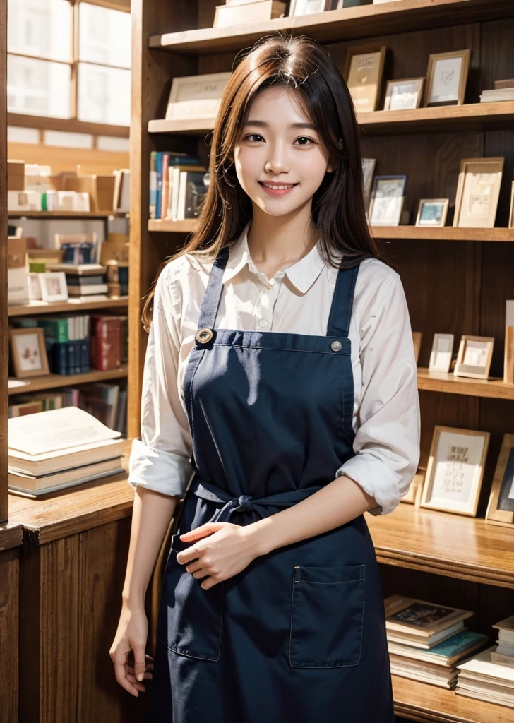 Diffuse lighting、 Highest quality, High resolution, unity 8k wallpaper、Supersaturation, Japanese、1 female、23 years old、Highest quality、8k、超High resolution、Clear photos、Professional Lighting、adult、Long Hair、smile、Ultra slim、Tight waist、Slender body、Childminder、kindergarten teacher、Brown Hair、Bookstore clerk、Put on an apron、Many books、Bookshelf、magazine、Bookstore、I'm working、Upper body close-up、