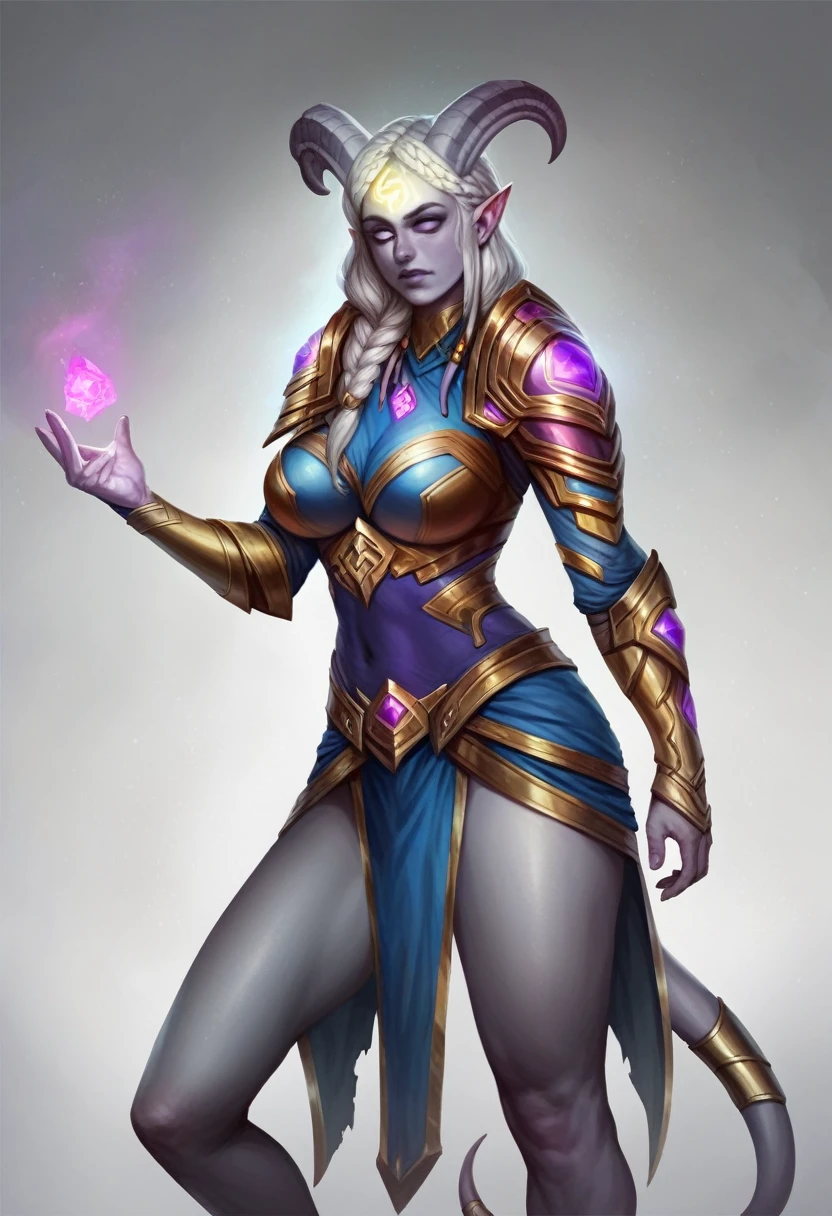 score_8_up, score_7_up, fullbody shot of beautiful lightforged draenei paladin girl, long white hair, single braid, heavy armor with purple gems, big shoulder pads, grey skin, ornate horns, glowing rune on forehead, big breasts, fantasy, ，irmnk style, realistic