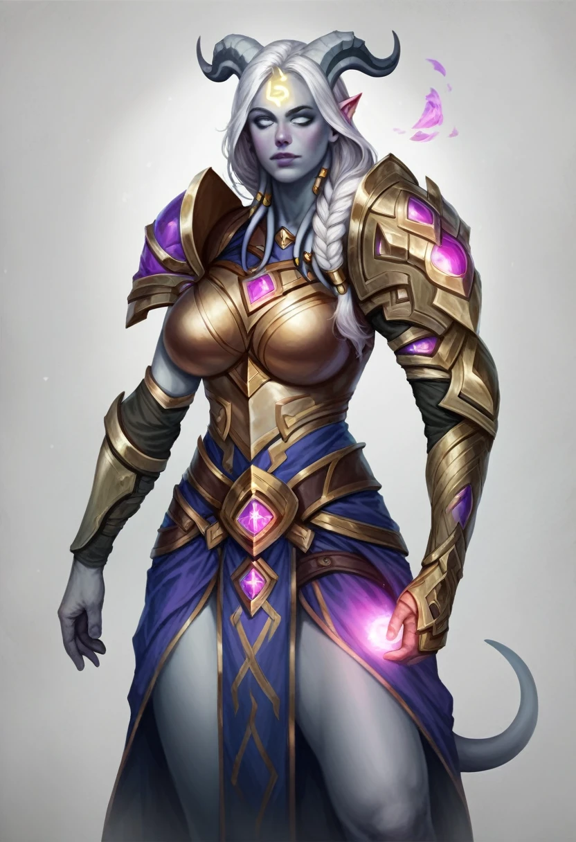 score_8_up, score_7_up, fullbody shot of beautiful lightforged draenei paladin girl, long white hair, single braid, heavy armor with purple gems, big shoulder pads, grey skin, ornate horns, glowing rune on forehead, big breasts, fantasy, ，irmnk style, realistic