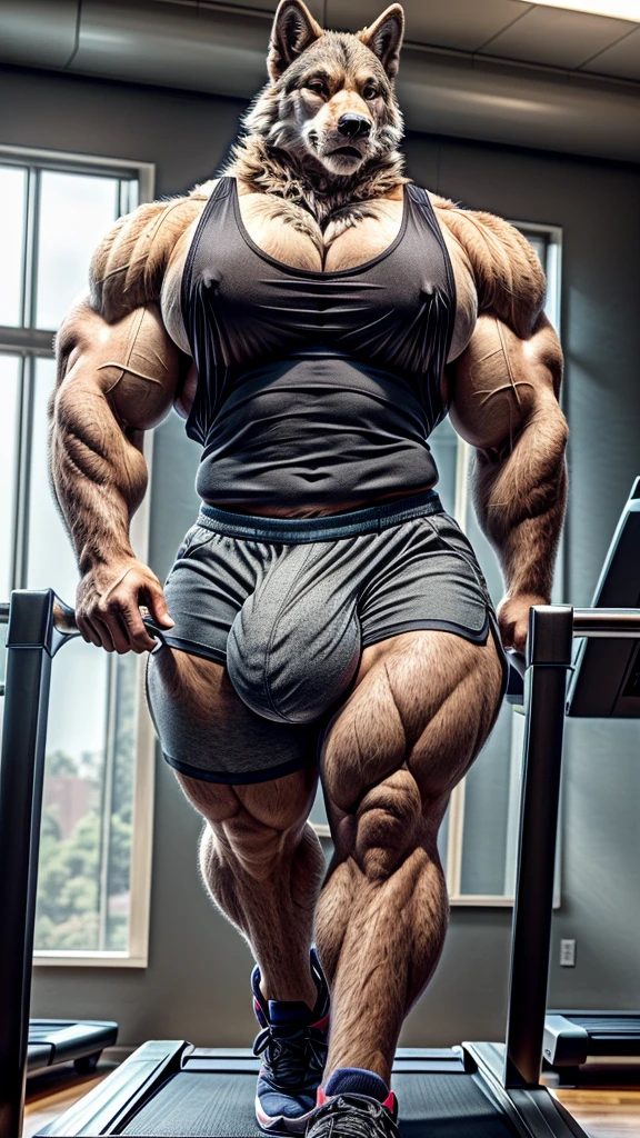 Wolf, muscular, handsome, jogging on treadmill, gym, tall, giant, (((big pecs:1.3))), (((big bulge:1.3))), (((narrow waist:1.2))), (((wide hips:1.2))), (((thick thigh:1.2))), (((wide thigh:1.2))), ((tank top and shorts)), (((realistic)))