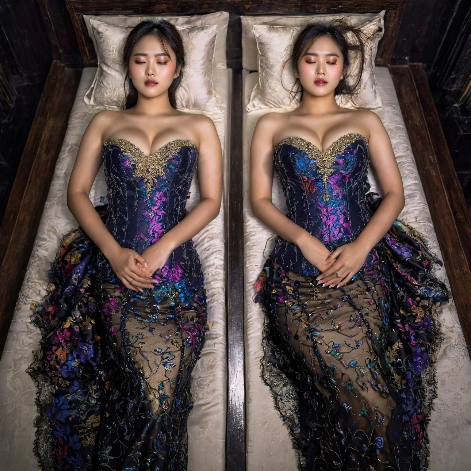 In a striking 8K HDR scene, a stunning Korean woman, 22 years old, lies peacefully in a black coffin surrounded by plush pillows. The deep box is set against a rich black background, accentuating the beauty of the subject. Her exquisite deep-V neckline kebaya attire is embroidered with superb detail, showcasing her round and firm breasts, perfect cleavage, and beautiful eyebrows. Her closed eyes and mouth give an air of serenity, while her visible and absolute cleavage leave nothing to imagination. The scene is bathed in saturated colors, highlighting every intricate aspect from the ball skirt to her clean face, straight body, detailed hand perfect hands, straight body, own hands together, own hand on stomach, detailed hands, perfect hands.