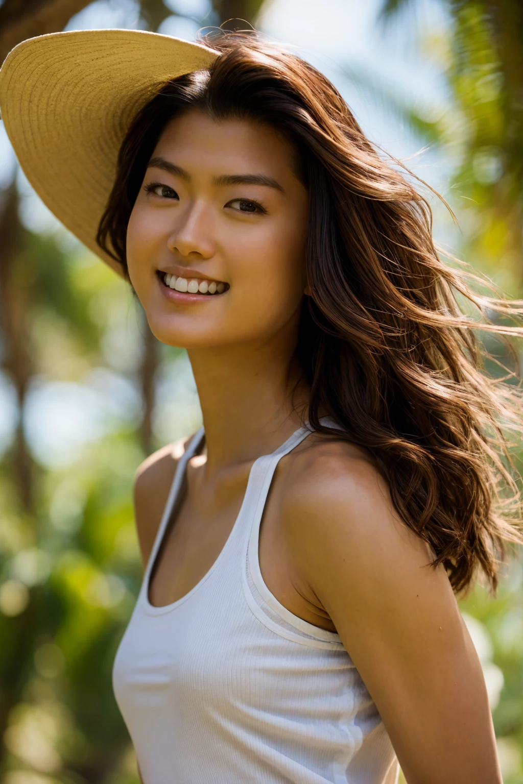 A stunning intricate color close up portrait of (sks woman:1) , Grace Park, wearing white tank top, epic character composition, sharp focus, natural lighting, subsurface scattering, f2, 35mm, film grain, , by Dominique Issermann, beautiful smile, smiling, long wavy hair, beautiful woman, wide smile, big smile, beautiful smile, broad shoul