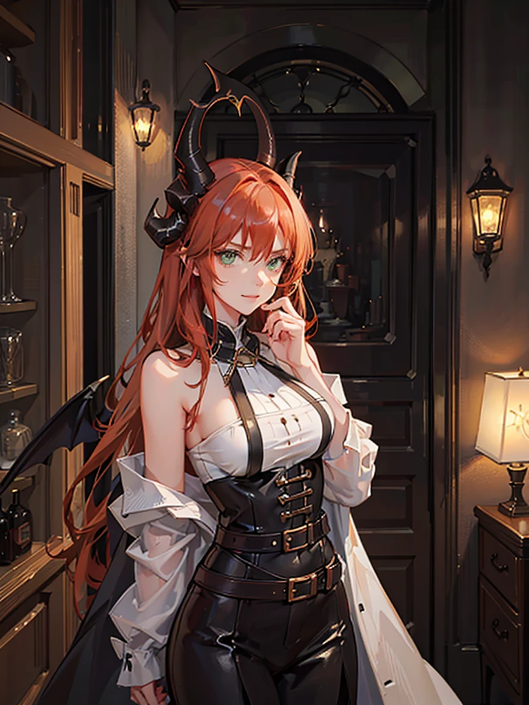 Girl with copper-amber hair, dark green eyes , simple sexy dark clothes, sly facial expression, , on the head there are black small demonic horns, average build , belt art , high detail studio light