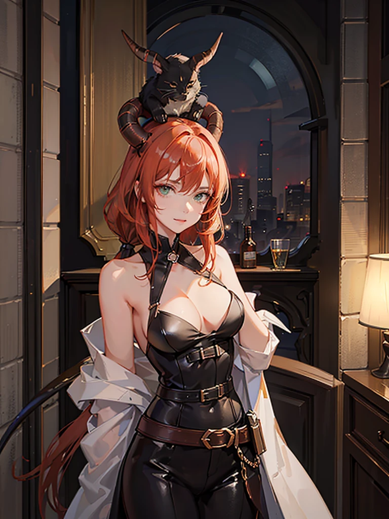 Girl with copper-amber hair, dark green eyes , simple sexy dark clothes, sly facial expression, , on the head there are black small demonic horns, average build , belt art , high detail studio light