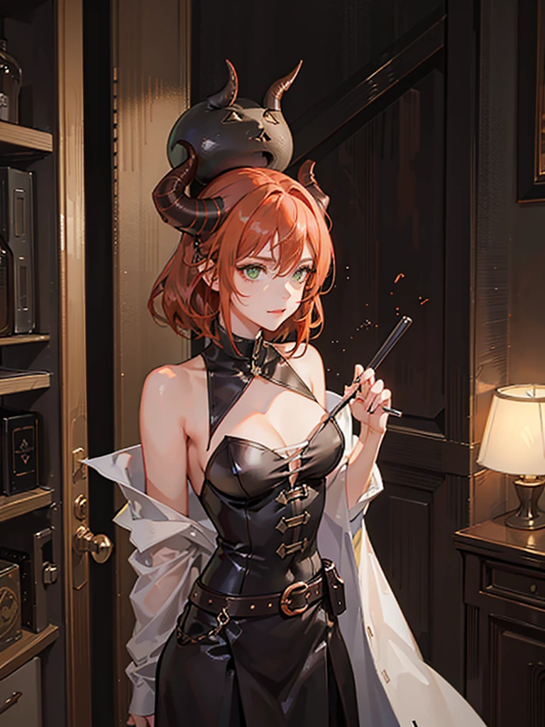 Girl with copper-amber hair, dark green eyes , simple sexy dark clothes, sly facial expression, , on the head there are black small demonic horns, average build , belt art , high detail studio light