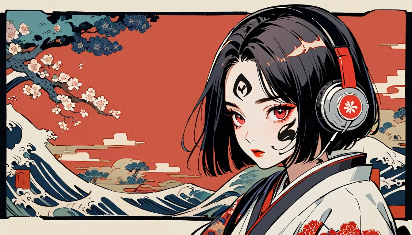 japanese kabuki, Red Eyes, 1 girl, Tattoo on face, Japanese style headphones, beautiful girl, Black Hair, Delicate and precise, Modern ukiyo-e style, Multicolored background