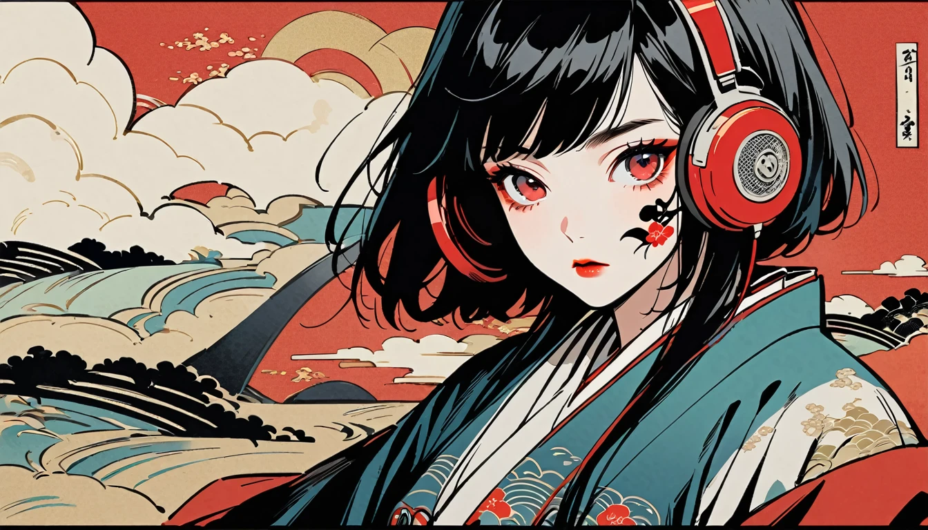 japanese kabuki, Red Eyes, 1 girl, Tattoo on face, Japanese style headphones, beautiful girl, Black Hair, Delicate and precise, Modern ukiyo-e style, Multicolored background