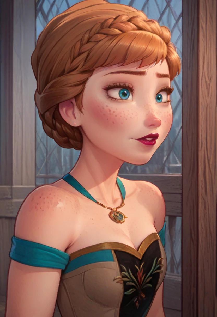 ((masterpiece, best quality)), Disney reference, (Anna), Anna grins, lipstick, freckles on face, upper body: bare shoulders, skinny 