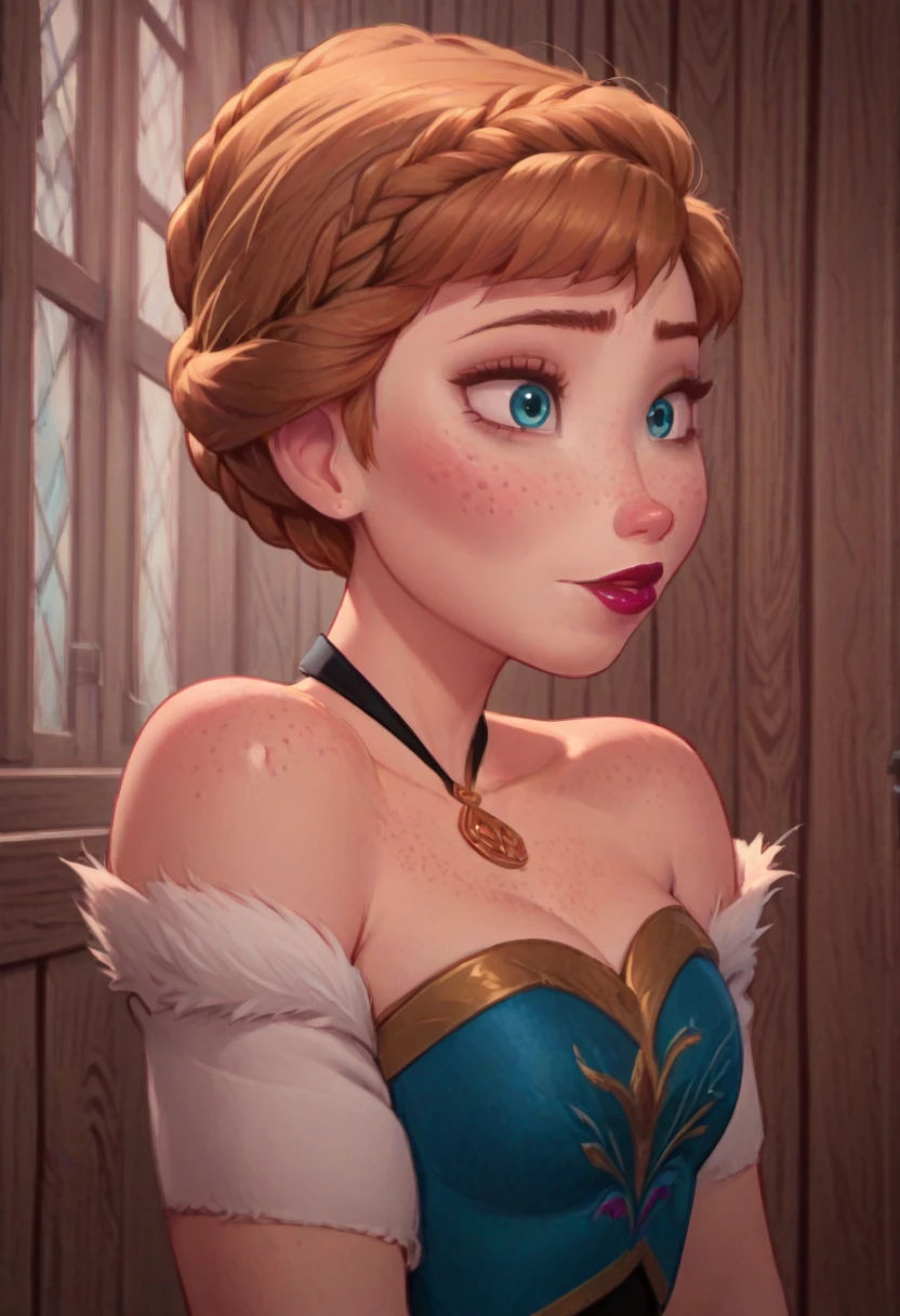 ((masterpiece, best quality)), Disney reference, (Anna), Anna grins, lipstick, freckles on face, upper body: bare shoulders, skinny 