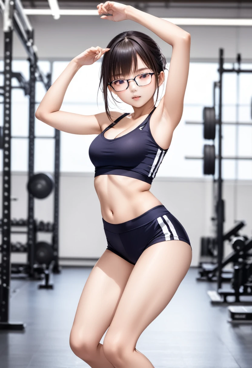 Cropped Jersey、hot pants、Glasses、Cleavage、sports warehouse、15 years old、School、Small face、Nsfw、Perfect proportions、Dynamic Pose