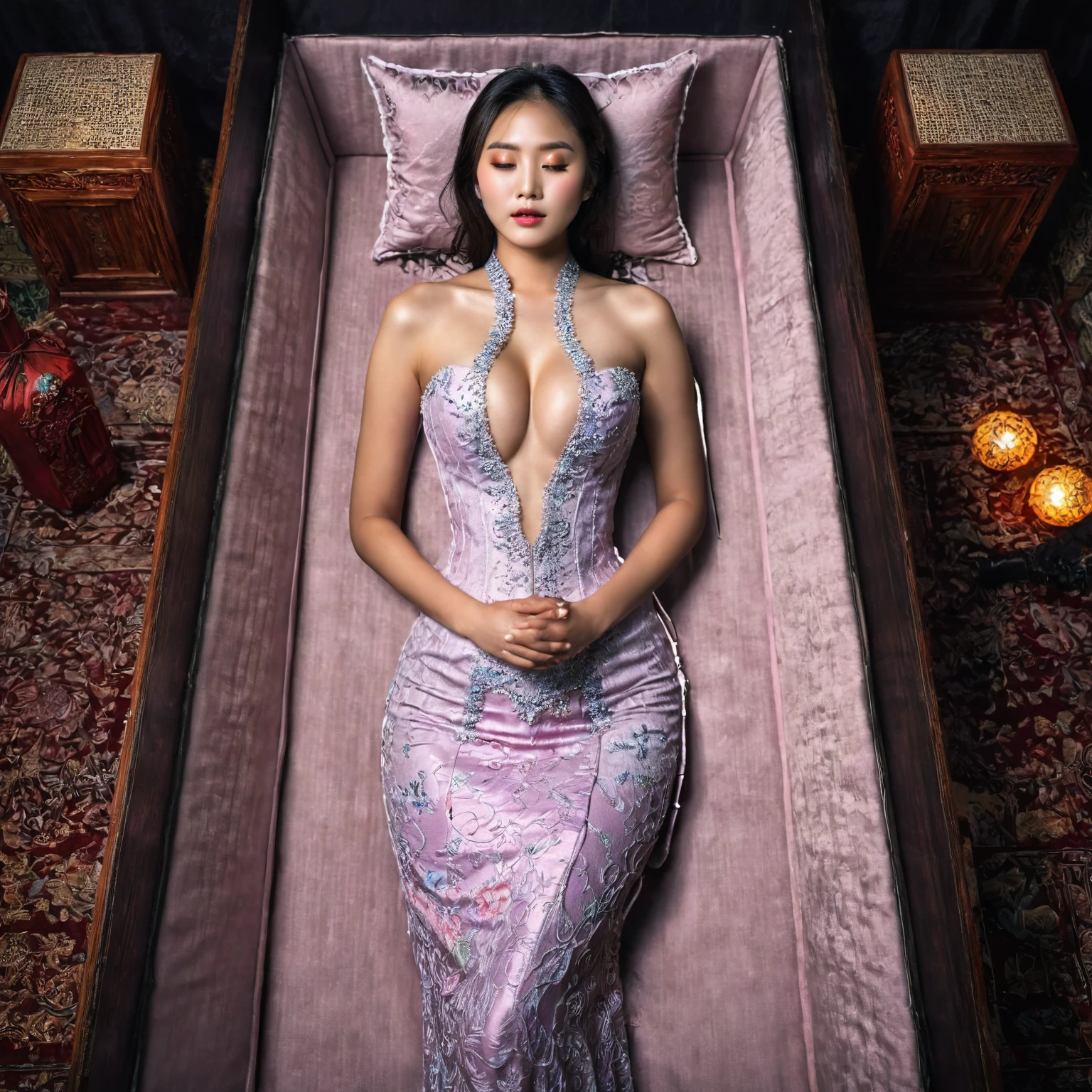 In a striking 8K HDR scene, a stunning Korean woman, 22 years old, lies peacefully in a black coffin surrounded by plush pillows. The deep box is set against a rich black background, accentuating the beauty of the subject. Her exquisite deep-V neckline kebaya attire is embroidered with superb detail, showcasing her round and firm breasts, perfect cleavage, and beautiful eyebrows. Her closed eyes and mouth give an air of serenity, while her visible and absolute cleavage leave nothing to imagination. The scene is bathed in saturated colors, highlighting every intricate aspect from the ball skirt to her clean face, straight body, detailed hand perfect hands, straight body, own hands together, own hand on stomach, detailed hands, perfect hands.