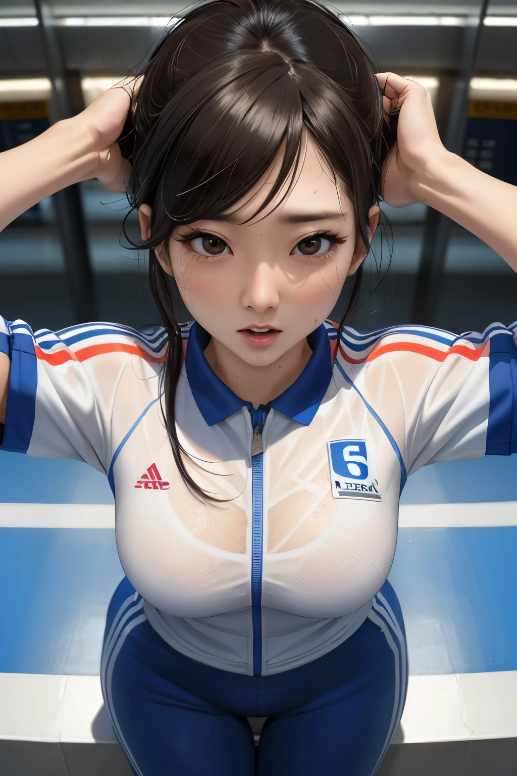 Korean sporty girl, (38 years old), in the airport, sweaty, busty, worried expression, (from top view), (masterpiece, best quality, extremely detailed, hyper realistic)