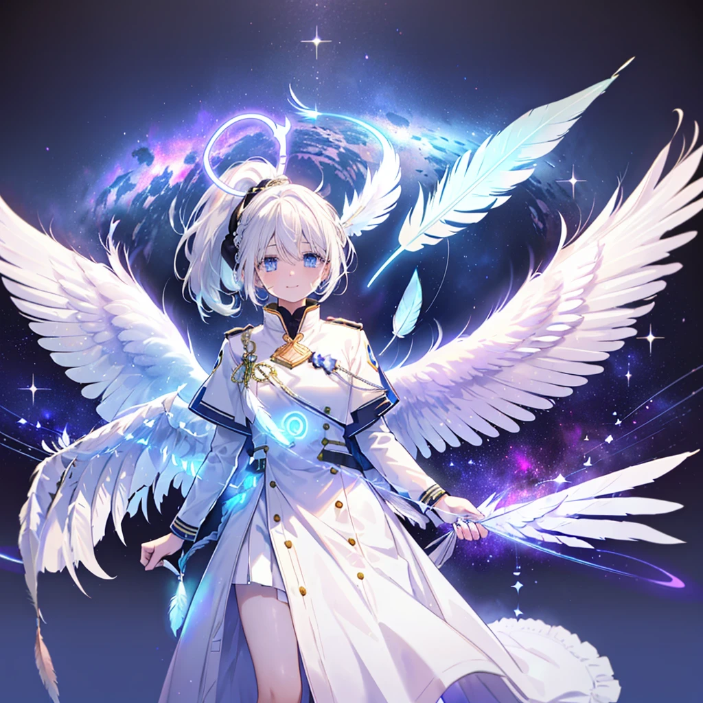 ((((Archangel、４Feathers、Angel Halo　Galaxy Background))))　(((uniform　White Hair、ponytail　White skin、Neon blue eyes、Pop stareteors)))　((Pillar of Light))　(Tears　smile)　Shining Edge、Shining Background