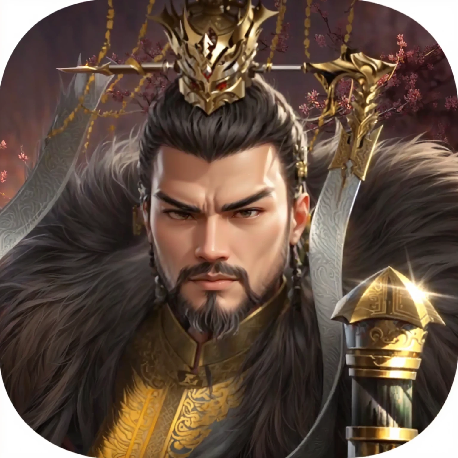 The image of Alafud is a hand holding a sword、Man with a crown, Inspired by Li Kan, Inspired by Huang Shen, Three Kingdoms of China, dragon, Inspired by Zhao Zuo, guan yu, Inspired by Wu Bin, Inspired by Hu Zaobin, from three kingdoms, bian lian, inspired by Guan Daosheng, Inspired by Pu Hua，ray tracing, uhd, masterpiece, award winning, best quality, highres, 1080P, 16K