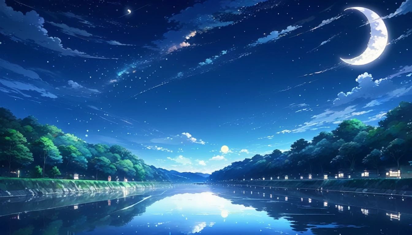 16:9 A painting，There are stars on the river，There is a moon in the sky，The concept art was inspired by Tosa Mitsuoki，Pixiv competition winner，best qualtiy，Fantasyart，beautiful anime scenes，A bright moon，Starry sky environment in moonlight，Dream painting，Anime background art，dream scenery art，Fantastic night, anime backgrounds, background artwork, dreamlike art, Atmospheric anime, starrysky，Detail enhancement。