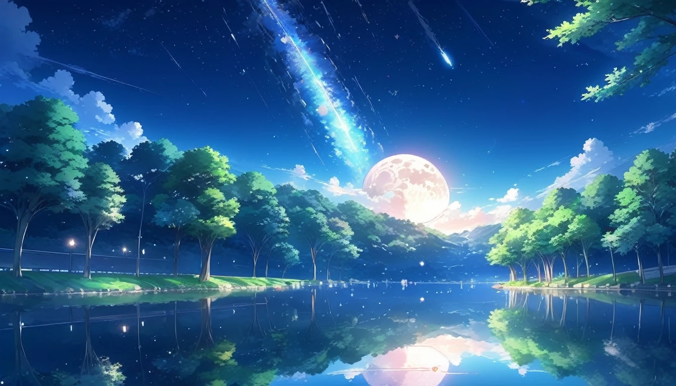 masterpiece, masterpiece, Super detailed, meteor, comet, moon, starry sky, lake reflection, a dream-like scene, Colorful Trees々々々々々, anime CG, Exquisite images,