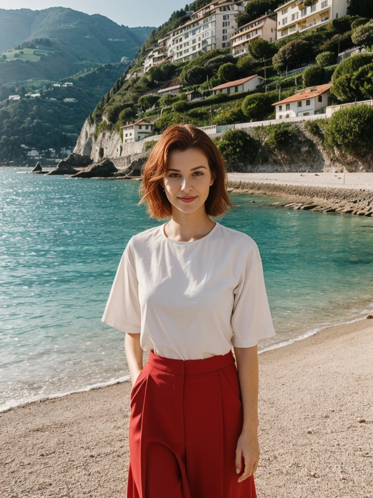 Emily Richardson, 1girl, solo, (((consistent face and image))), ((20 years old)), realistic, photorealistic, ((red cranky hair)), short hair, (((Caucasian mature woman))), (Swiss woman), (Swiss nose), (Swiss thick lips), posing outside the French Riviera: Stunning coastal views, yachts, and beaches, smirking, POSE:standing, wearing In style in trend Generation-Z modern wear different colored,