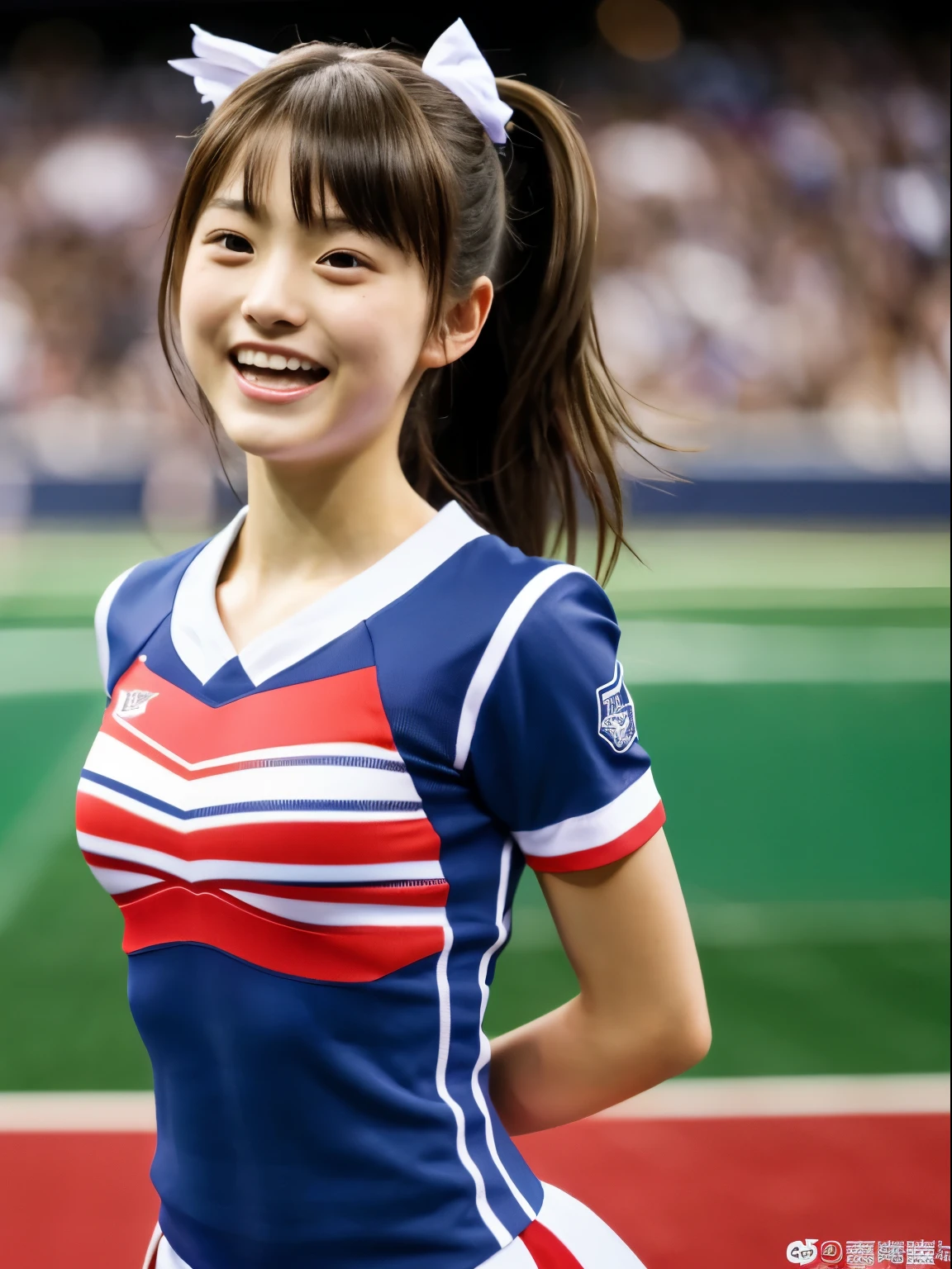 (8k, Top quality, Masterpiece:1.2), (Realistic, photo-realistic:1.37), Super detailed, perfect anatomy, cute, small eyes, cheerleader, 18-years old, a Japanese, girl, in the stadium, laugh,