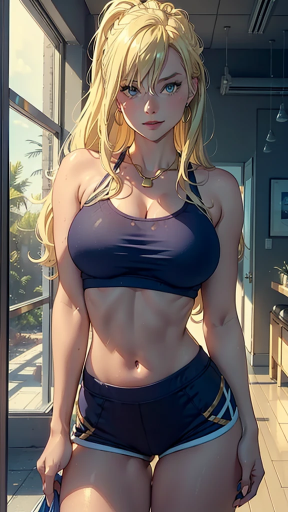 best quality, (Reality:1.8), ( Margot Robbie 2.0),(((Stunning blonde hair))), (blue eyes), Blue necklace, Gold earrings, fit, Beautiful Body, Pale skin, pelo long teñido de verde, Eyes bright in the moonlight., long, Detailed Tags) Seductive smile sexy facial expression, blush, Thick thighs, Stand in a dynamic position, Wearing a sweatshirt, Tank top and shorts, At the gym, Perfect masterpiece, best quality, Better resolution, 巨Large target乳房, Large target
