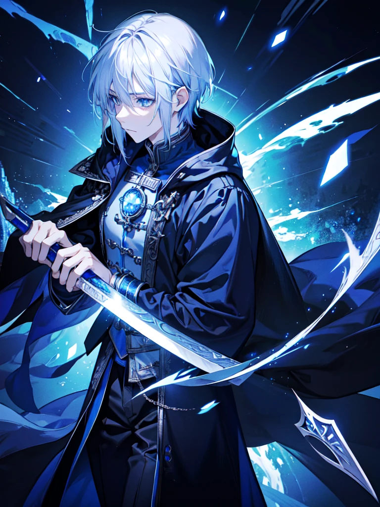 Wizard man, he has a silver hair and blue eyes, he wear a hood and wear gloves , hold sword with hand.