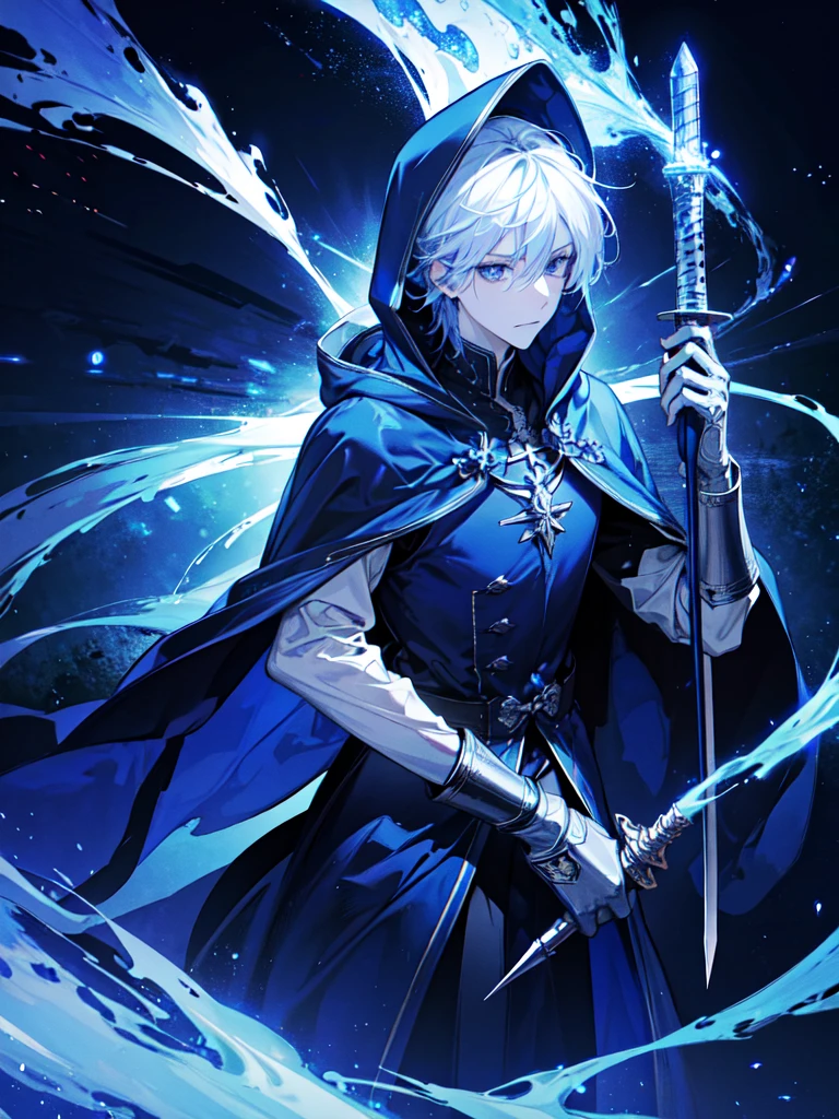 Wizard man, he has a silver hair and blue eyes, he wear a hood and wear gloves , hold sword with hand.