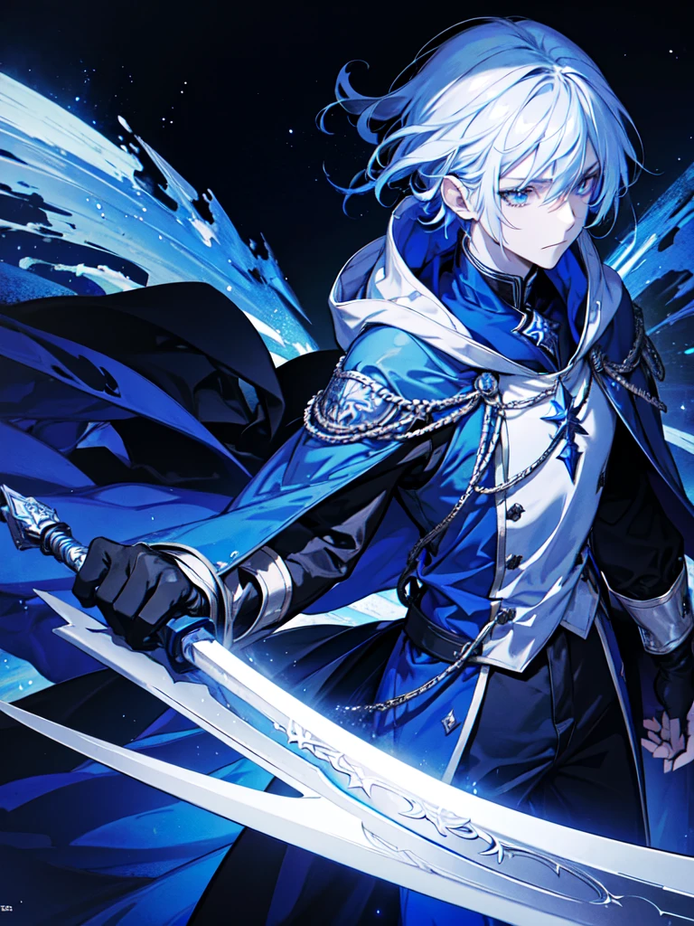Wizard man, he has a silver hair and blue eyes, he wear a hood and wear gloves , hold sword with hand.