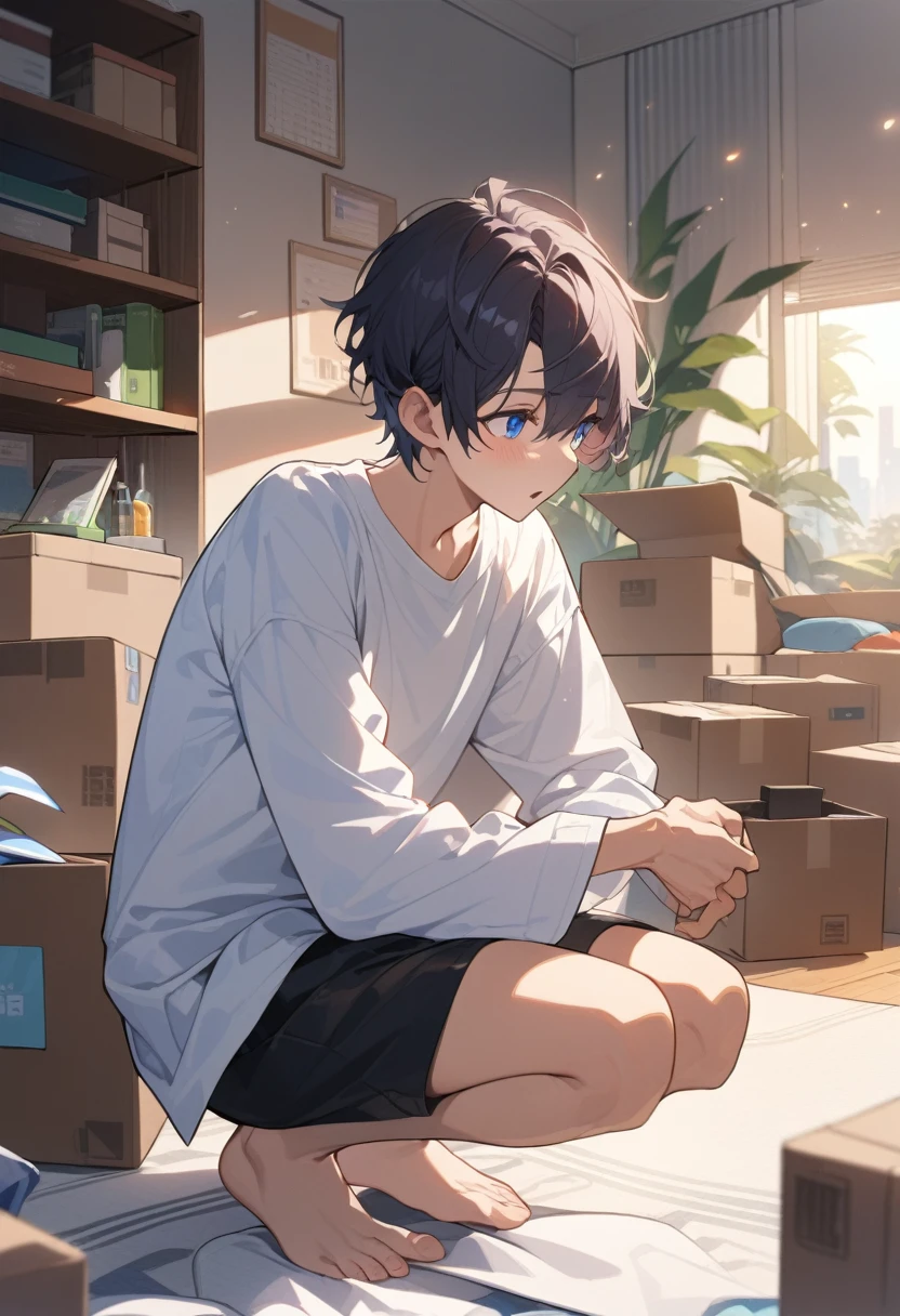 masterpiece, best quality, extremely detailed, ultra detailed, flat anime, 2D,
((1boy)),black hair, (short hair:1.5),blue eyes, height 1.7meters, (circle eyes:1.2), (young adult:1.2), Ear-length sideburns,
long Sleeves, White T-shirt, barefoot,
squatting, looking away, expressionless,open mouth, full body,from side,
summer, 12AM, livingroom,organizing the boxes., I'm looking at the material in my hand.