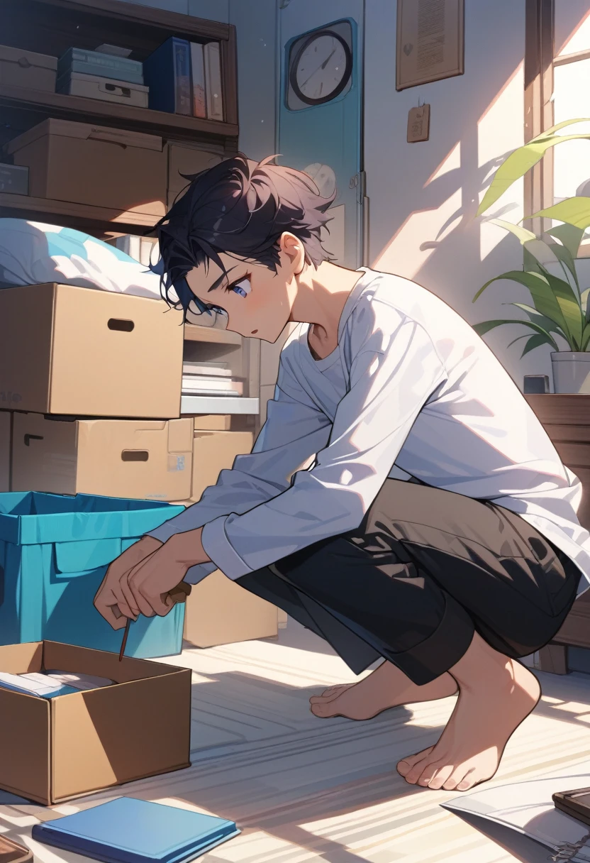 masterpiece, best quality, extremely detailed, ultra detailed, flat anime, 2D,
((1boy)),black hair, (short hair:1.5),blue eyes, height 1.7meters, (circle eyes:1.2), (young adult:1.2), Ear-length sideburns,
long Sleeves, White T-shirt, barefoot,
squatting, looking away, expressionless,open mouth, full body,from side,
summer, 12AM, livingroom,organizing the boxes., I'm looking at the material in my hand.