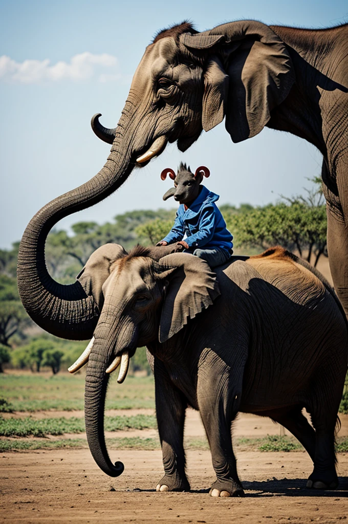 A goat and a rooster riding an elephant