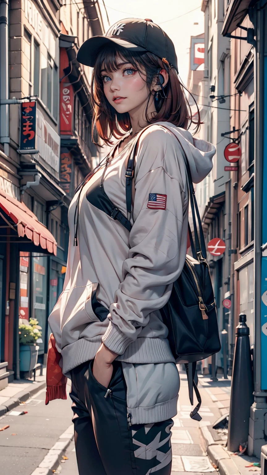 20-year-old Caucasian female、Red hair、Short Bob、Headphones、Camouflage pattern hoodie、New York Yankees Cap、Reach into your hoodie pocket、leggings、sneakers、An alley overflowing with trash、Leaning against the wall of a brick house、Look to the side、View your viewers