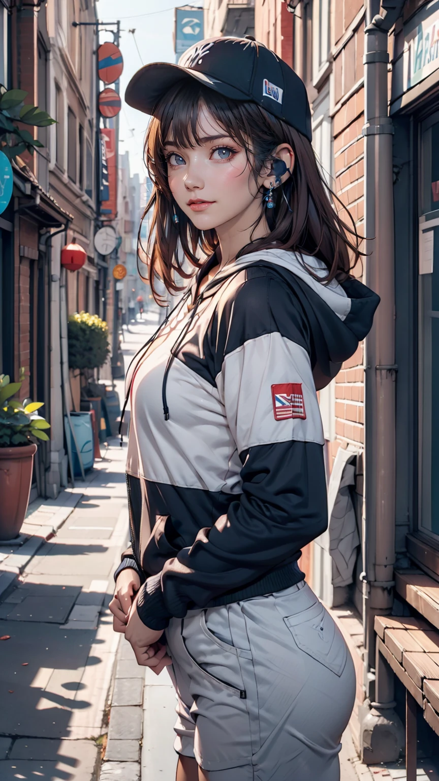 20-year-old Caucasian female、Red hair、Short Bob、Headphones、Camouflage pattern hoodie、New York Yankees Cap、Reach into your hoodie pocket、leggings、sneakers、An alley overflowing with trash、Leaning against the wall of a brick house、Look to the side、View your viewers